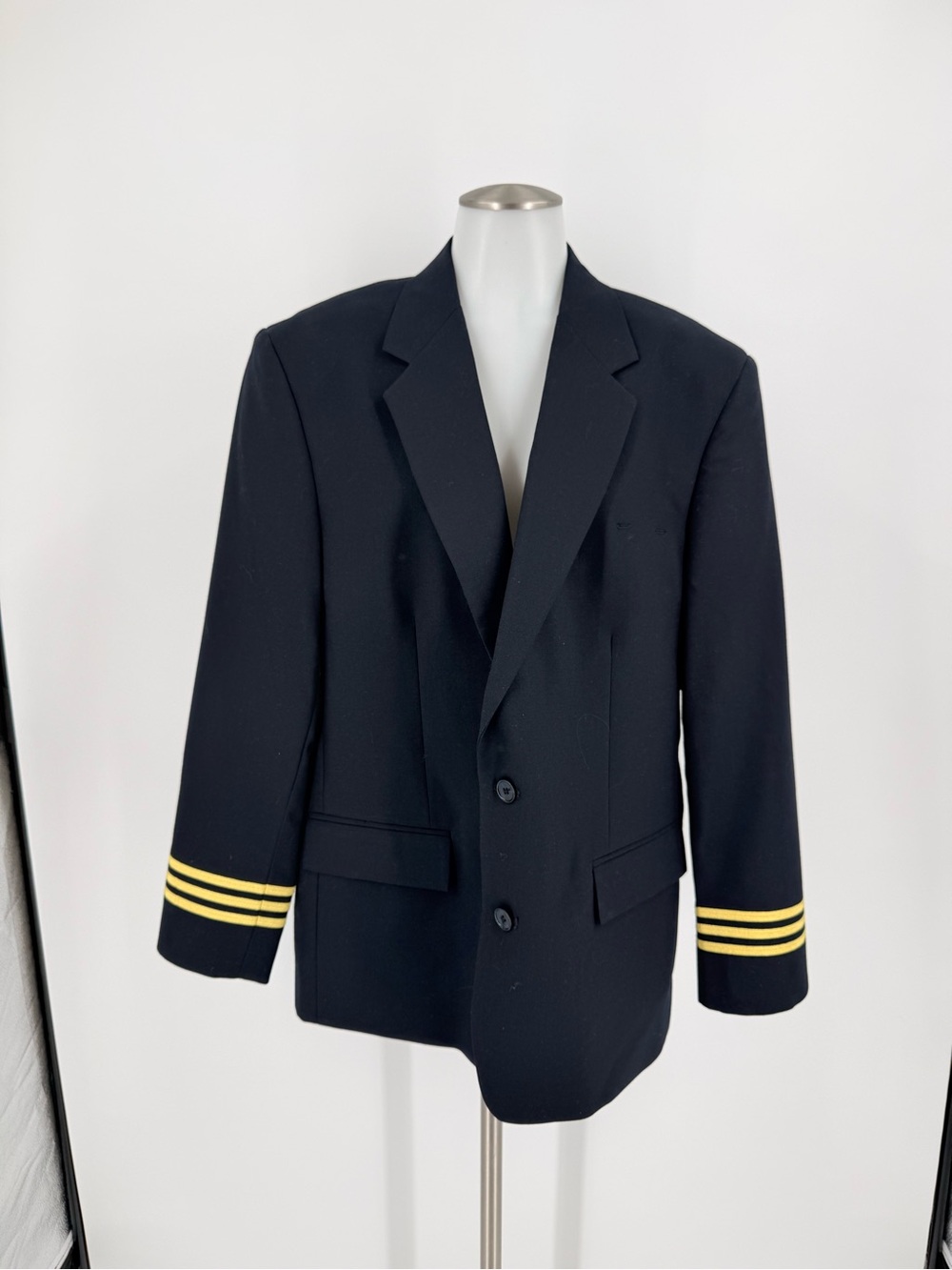Navy Blazer with Yellow Stripe Sleeve Detail Pilot Blazer
